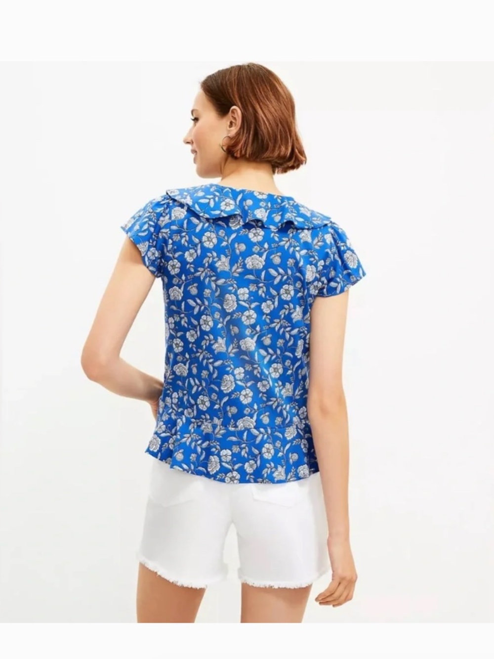 Loft Blue White Floral Ruffle Peplum Blouse Short Sleeve Size Medium - Picture 3 of 9